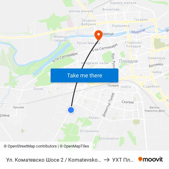 Ул. Коматевско Шосе 2 / Komatevsko Shosse St. 2 (33) to УХТ Пловдив map