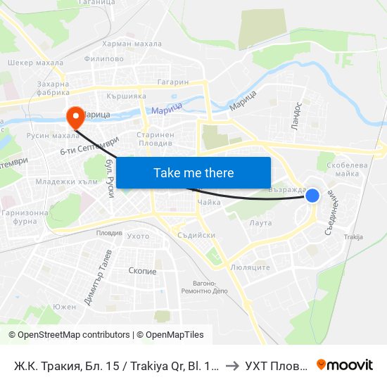 Ж.К. Тракия, Бл. 15 / Trakiya Qr, Bl. 15 (360) to УХТ Пловдив map