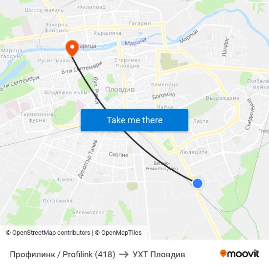 Профилинк / Profilink (418) to УХТ Пловдив map