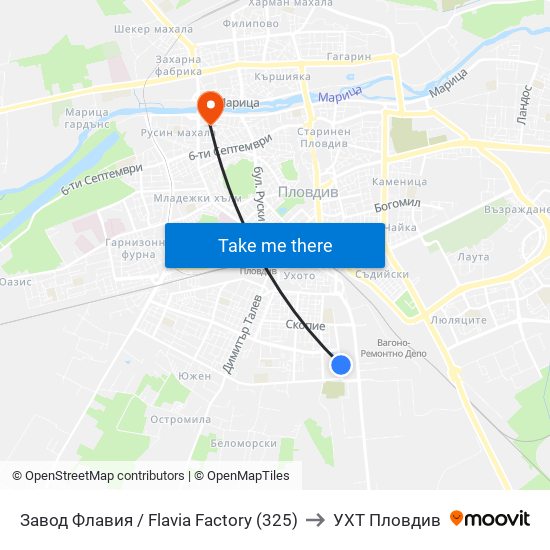 Завод Флавия / Flavia Factory (325) to УХТ Пловдив map