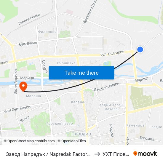 Завод Напредък / Napredak Factory (210) to УХТ Пловдив map