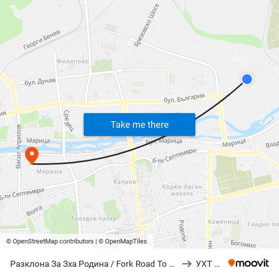 Разклона За Зха Родина / Fork Road To Rodina Paper And Packaging Factory (211) to УХТ Пловдив map