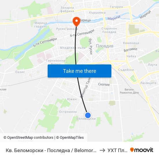 Кв. Беломорски - Последна / Belomorski Qr - Last Stop (1014) to УХТ Пловдив map