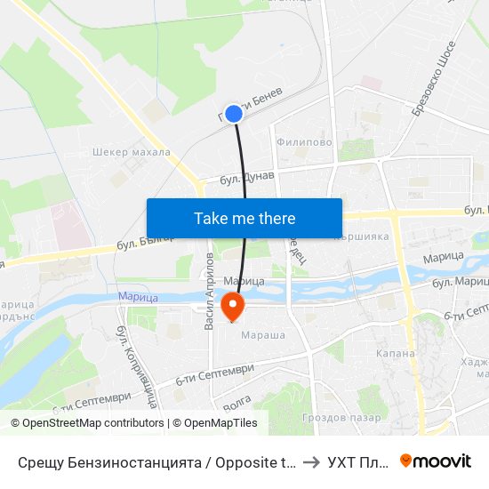 Срещу Бензиностанцията / Opposite the Gas Station (454) to УХТ Пловдив map