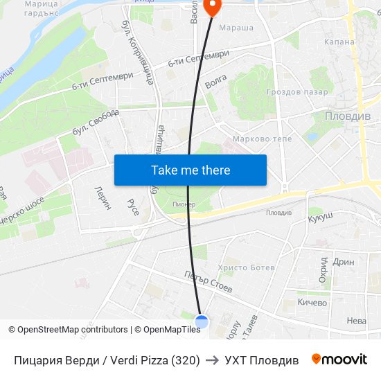 Пицария Верди / Verdi Pizza (320) to УХТ Пловдив map