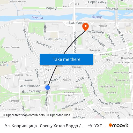 Ул. Копривщица - Срещу Хотел Бордо / Koprivshtitsa St. - Opposite Bordeaux Hotel (313) to УХТ Пловдив map