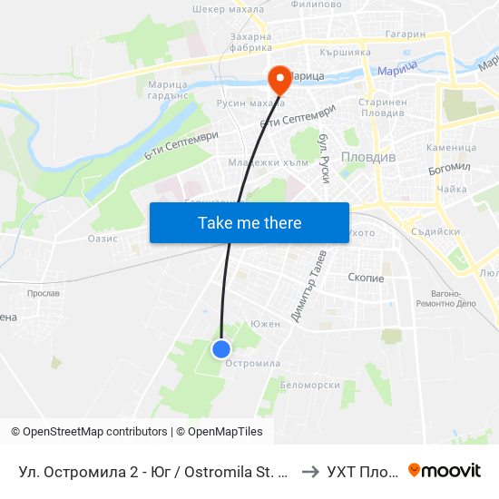 Ул. Остромила 2 - Юг / Ostromila St. 2 - South (476) to УХТ Пловдив map