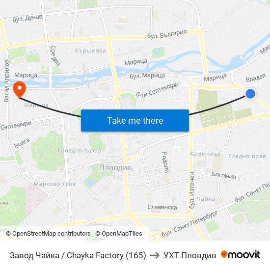 Завод Чайка / Chayka Factory (165) to УХТ Пловдив map