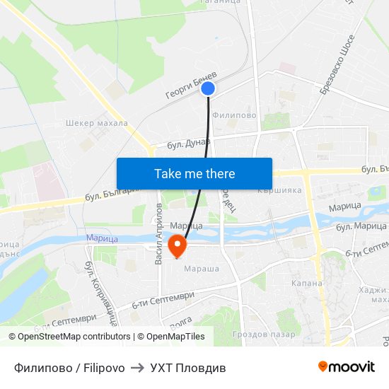 Филипово / Filipovo to УХТ Пловдив map