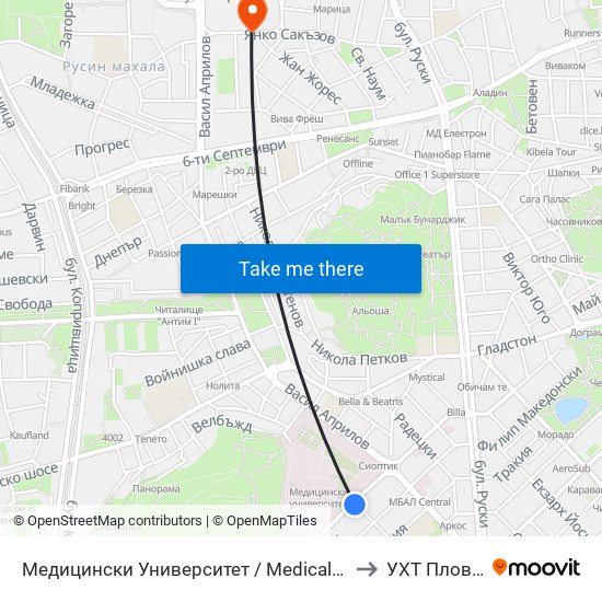 Медицински Университет / Medical University to УХТ Пловдив map