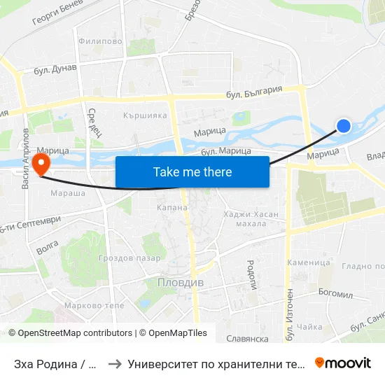 Зха Родина / Rodina Factory (1027) to Университет по хранителни технологии (University of Food Technology) map