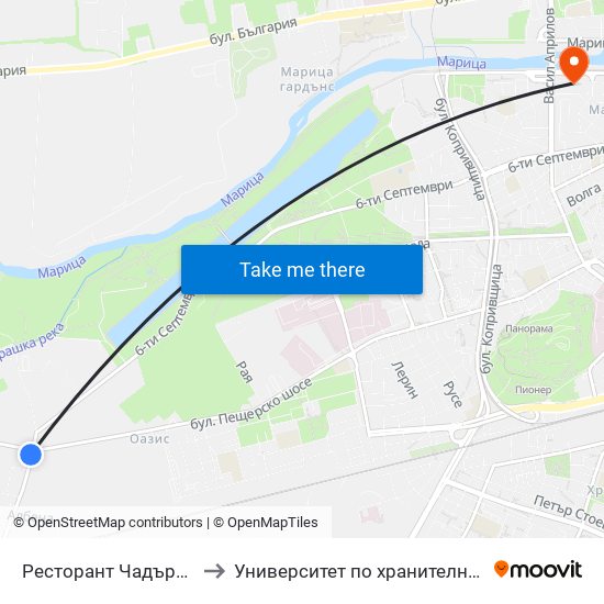 Ресторант Чадърите / Chadarite Resraurant (177) to Университет по хранителни технологии (University of Food Technology) map