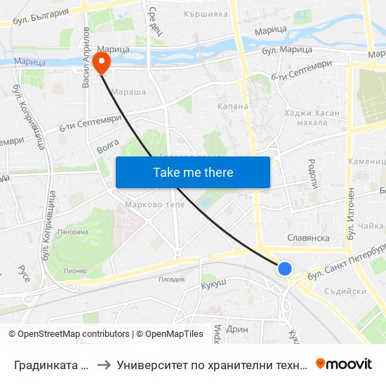 Градинката / the Garden (88) to Университет по хранителни технологии (University of Food Technology) map