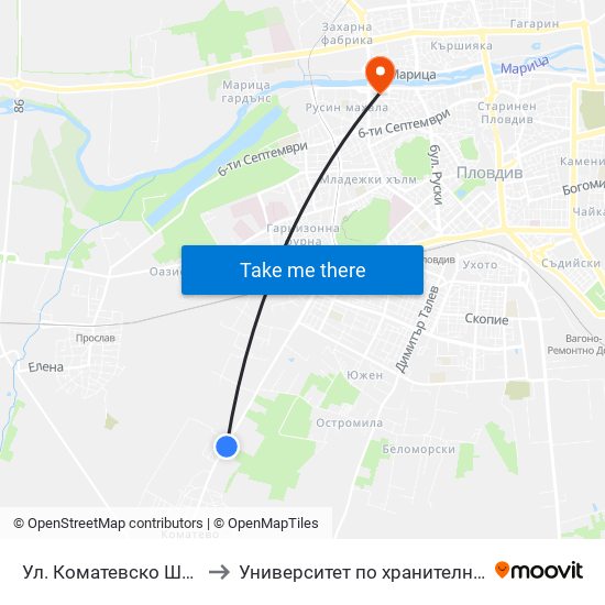 Ул. Коматевско Шосе / Komatevsko Shosse St.  (30) to Университет по хранителни технологии (University of Food Technology) map