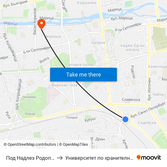 Под Надлез Родопи / under Rodopi Overpass (101) to Университет по хранителни технологии (University of Food Technology) map