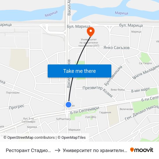 Ресторант Стадиона / the Stadium Restaurant (383) to Университет по хранителни технологии (University of Food Technology) map