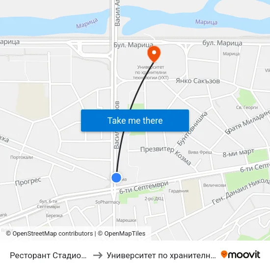 Ресторант Стадиона / the Stadium Restaurant (383) to Университет по хранителни технологии (University of Food Technology) map