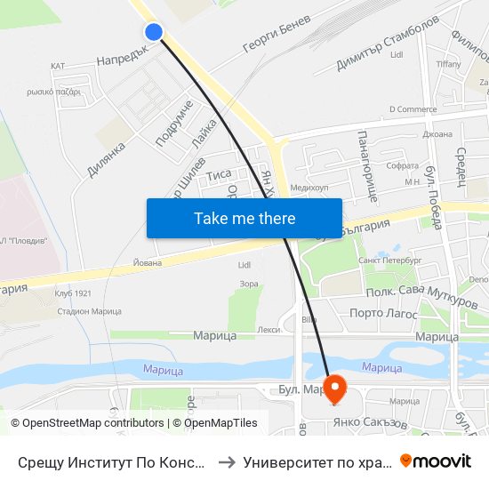 Срещу Институт По Консервна Промишленост / Opposite Institute Of Canning Industry (427) to Университет по хранителни технологии (University of Food Technology) map