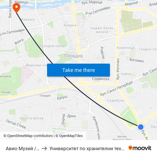 Авио Музей / Air Museum (357) to Университет по хранителни технологии (University of Food Technology) map