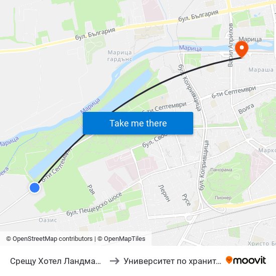 Срещу Хотел Ландмарк Крийк / Opposite Landmark Creek Hotel (464) to Университет по хранителни технологии (University of Food Technology) map