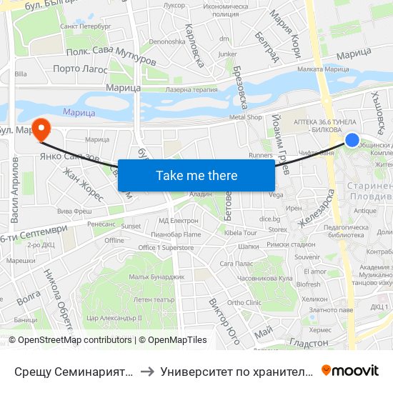 Срещу Семинарията / Opposite the Divinity School (119) to Университет по хранителни технологии (University of Food Technology) map