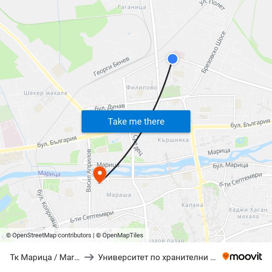 Тк Марица / Maritsa Textile Factory (1005) to Университет по хранителни технологии (University of Food Technology) map