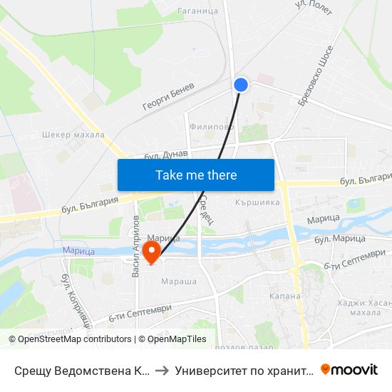 Срещу Ведомствена Книжарница / Opposite Departmental Store (56) to Университет по хранителни технологии (University of Food Technology) map