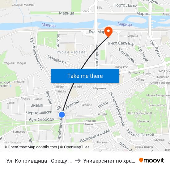 Ул. Копривщица - Срещу Хотел Бордо / Koprivshtitsa St. - Opposite Bordeaux Hotel (313) to Университет по хранителни технологии (University of Food Technology) map