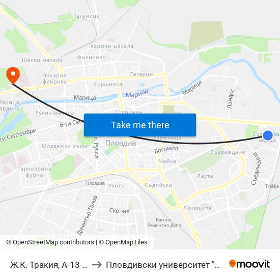 Ж.К. Тракия, А-13 / Trakiya Qr, A-13 (1009) to Пловдивски университет "Паисий Хилендарски" - Нова сграда map