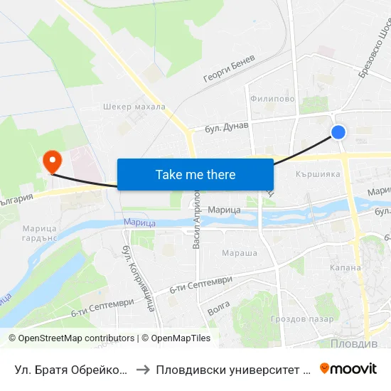 Ул. Братя Обрейкови / Bratya Obreykovi St. (50) to Пловдивски университет "Паисий Хилендарски" - Нова сграда map