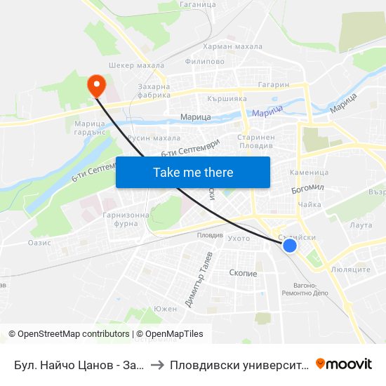 Бул. Найчо Цанов - Запад / Naycho Tsanov Blvd - West (102) to Пловдивски университет "Паисий Хилендарски" - Нова сграда map