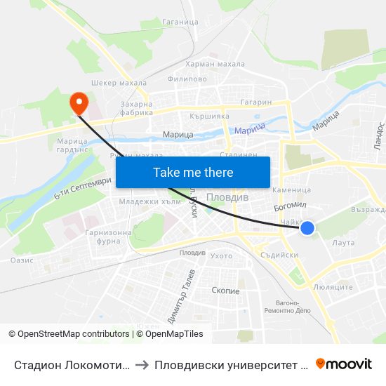 Стадион Локомотив / Lokomotiv Stadium (234) to Пловдивски университет "Паисий Хилендарски" - Нова сграда map