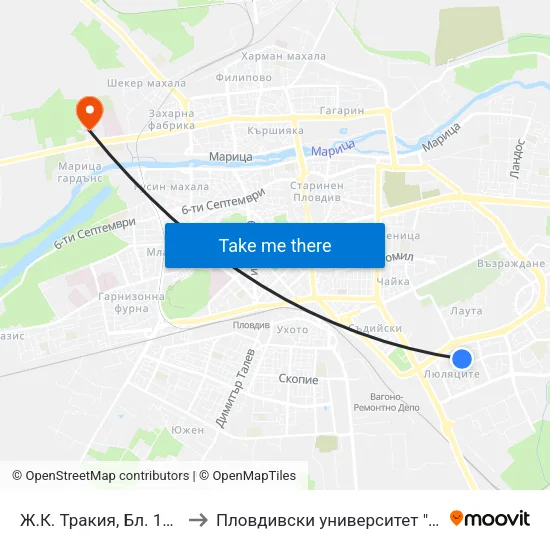 Ж.К. Тракия, Бл. 199 / Trakiya Qr, Bl. 199 (352) to Пловдивски университет "Паисий Хилендарски" - Нова сграда map