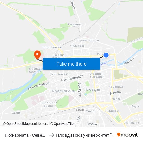 Пожарната - Север / Fire Station - North (184) to Пловдивски университет "Паисий Хилендарски" - Нова сграда map