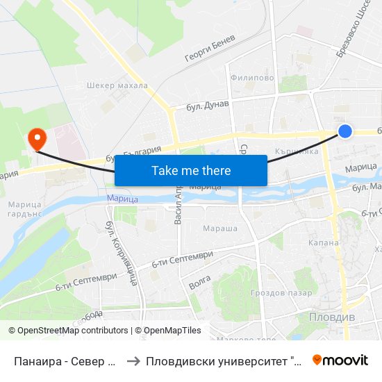 Панаира - Север 2 / Panaira - North 2 (186) to Пловдивски университет "Паисий Хилендарски" - Нова сграда map