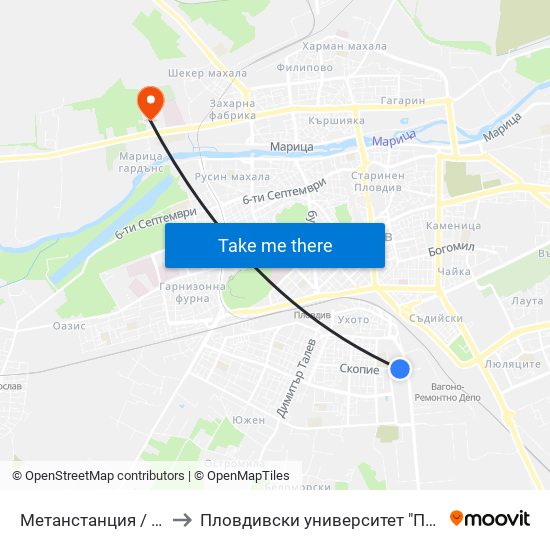 Метанстанция / Methane Station (279) to Пловдивски университет "Паисий Хилендарски" - Нова сграда map