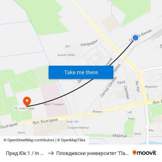 Пред Юк 1 / In Front Of Yuk 1 (460) to Пловдивски университет "Паисий Хилендарски" - Нова сграда map