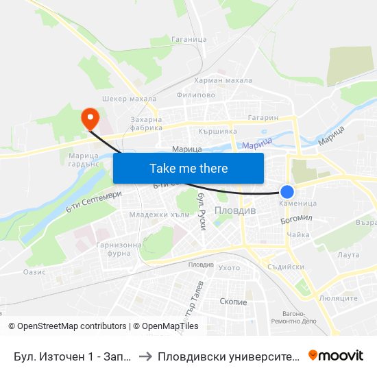 Бул. Източен 1 - Запад / Iztochen Blvd. 1 - West (251) to Пловдивски университет "Паисий Хилендарски" - Нова сграда map