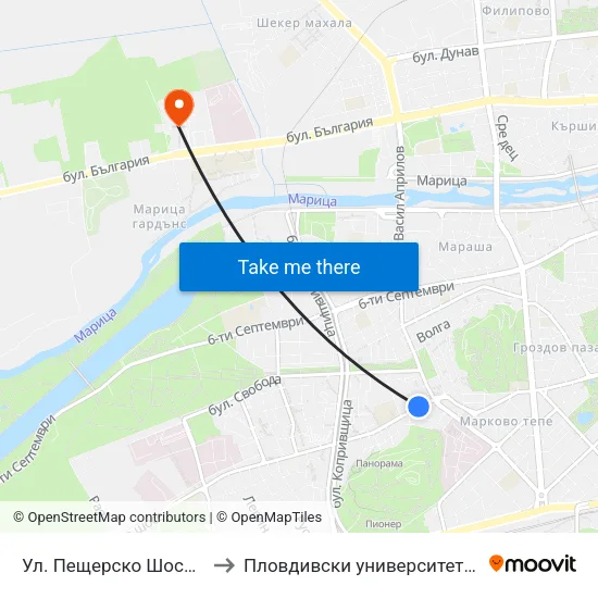 Ул. Пещерско Шосе / Peshtersko Shosse St. (170) to Пловдивски университет "Паисий Хилендарски" - Нова сграда map