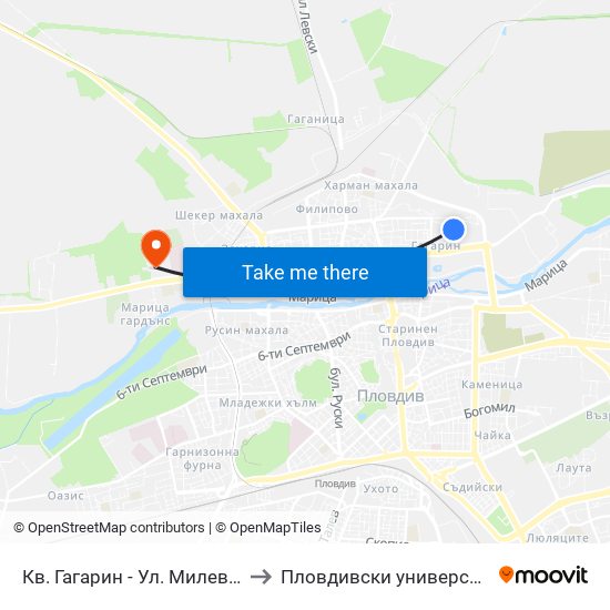 Кв. Гагарин - Ул. Милеви Скали / Gagarin Qr - Milevi Steni St. (1018) to Пловдивски университет "Паисий Хилендарски" - Нова сграда map