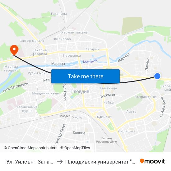 Ул. Уилсън - Запад / Wilson St - West (400) to Пловдивски университет "Паисий Хилендарски" - Нова сграда map