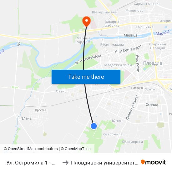 Ул. Остромила 1 - Юг / Ostromila St. 1 - South (475) to Пловдивски университет "Паисий Хилендарски" - Нова сграда map