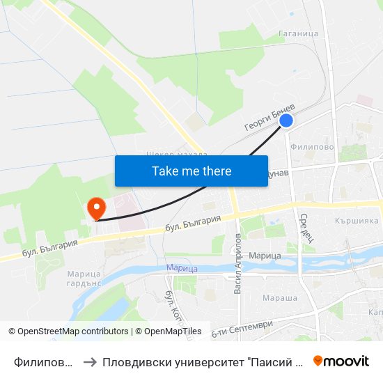 Филипово / Filipovo to Пловдивски университет "Паисий Хилендарски" - Нова сграда map