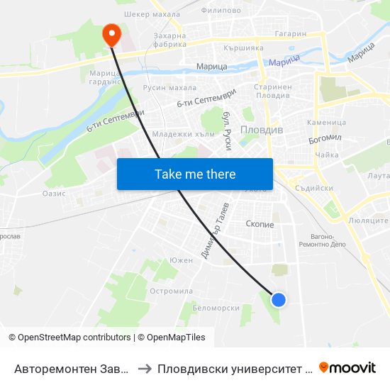 Авторемонтен Завод / Auto Repair Factory (472) to Пловдивски университет "Паисий Хилендарски" - Нова сграда map