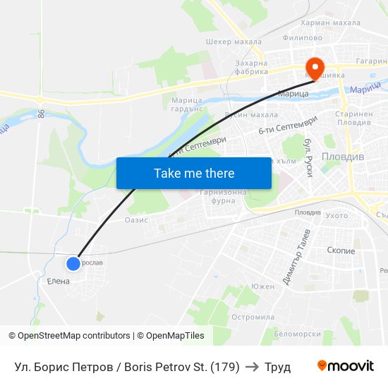 Ул. Борис Петров / Boris Petrov St. (179) to Труд map