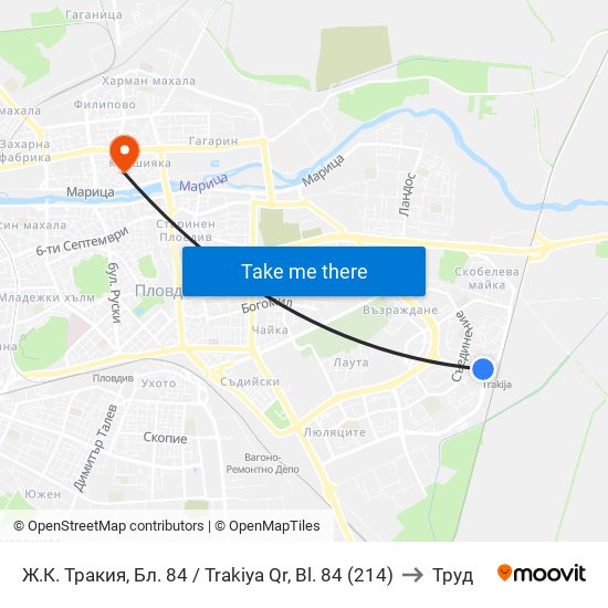Ж.К. Тракия, Бл. 84 / Trakiya Qr, Bl. 84 (214) to Труд map