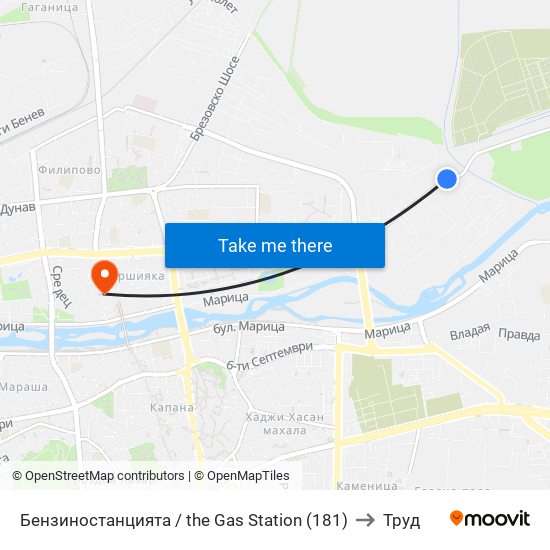 Бензиностанцията / the Gas Station (181) to Труд map