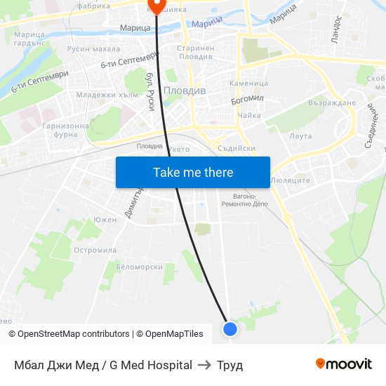 Мбал Джи Мед / G Med Hospital to Труд map