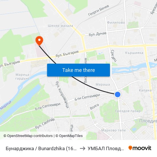 Бунарджика / Bunardzhika (167) to УМБАЛ Пловдив map
