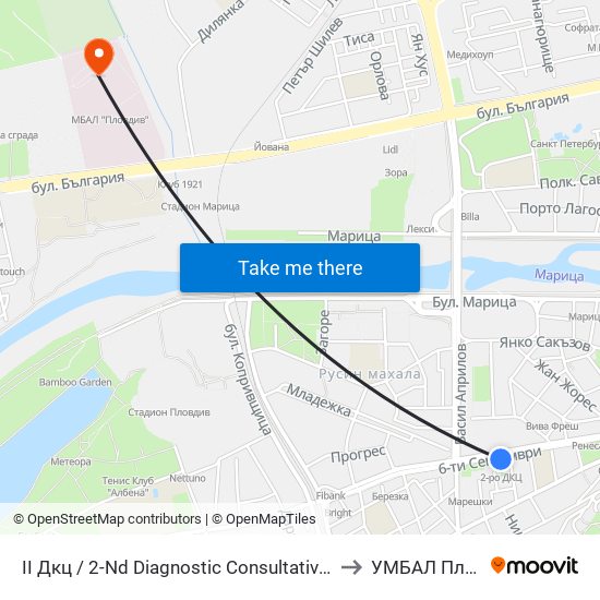 II Дкц / 2-Nd Diagnostic Consultative Center (116) to УМБАЛ Пловдив map